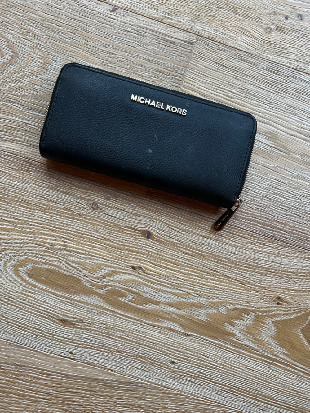 Michael Kors Black Saffiano Zip Wallet with Gold Logo